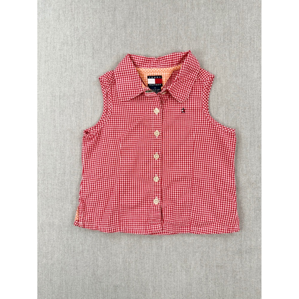 Tommy Hilfiger Girls Red Gingham Sleeveless Button Down Shirt Size 6 Cotton
